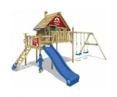 WICKEY Aire de jeux Portique bois Smart Bay avec balançoire et toboggan bleu Maison enfant sur