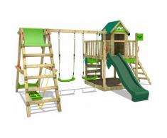 FATMOOSE Aire de jeux Portique bois JazzyJungle avec balançoire SurfSwing et toboggan vert Maison