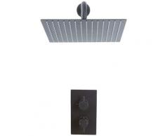Kit de Douche - Mitigeur Thermostatique Encastrable et Pommeau de Douche Carré Noir - 30 x 30cm