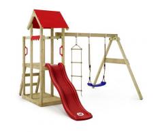 Aire de jeux Portique bois TinyPlace avec balançoire et toboggan rouge Maison enfant exterieur avec