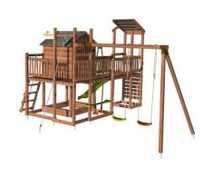 Aire de jeux pour enfant maisonnette avec portique et mur d'escal