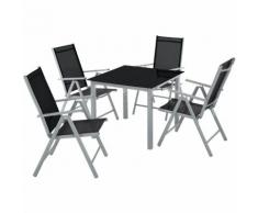 Salon de Jardin avec 4 Chaises Pliantes et 1 Table en Verre et en Aluminium Gris clair / Noir