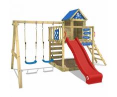 Aire de jeux Portique bois Smart Cave avec balançoire et toboggan rouge Cabane enfant exterieur