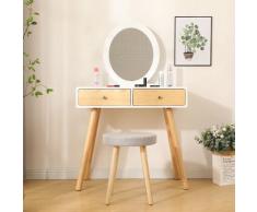 ® TABLE DE MAQUILLAGE/COIFFEUSE 1 MIRROIR 2 TIROIRS 1 TABOURET - 75X48X125CM - BLANCHE/COULER BOIS