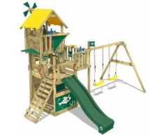 WICKEY Aire de jeux Portique bois Smart Engine avec balançoire et toboggan vert Cabane enfant