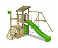 Aire de jeux Portique bois FruityForest avec balançoire et toboggan vert pomme Maison enfant