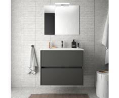 Meuble de salle de bain suspendu 70 cm gris opaque avec lavabo en porcelaine | Avec miroir et lampe
