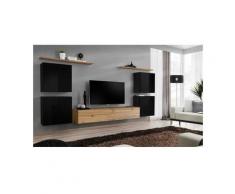 Ensemble meuble salon SWITCH IV design, coloris chêne Wotan et noir brillant . - Marron