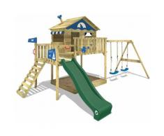 WICKEY Aire de jeux Portique bois Smart Coast avec balançoire et toboggan vert Maison enfant sur