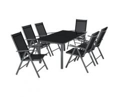 Salon de Jardin avec 6 Chaises Pliantes et 1 Table en Verre et en Aluminium Gris Noir