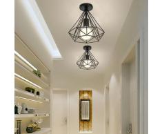 Lot de 2 Lampe de Plafond Industrielle E27 25cm Plafonnier Cage Diamant Lustre Suspension Noir