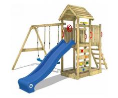 Aire de jeux Portique bois MultiFlyer Toit en bois avec balançoire et toboggan bleu Maison enfant