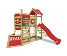 WICKEY Aire de jeux Portique bois SteamFlyer avec balançoire et toboggan rouge Cabane enfant