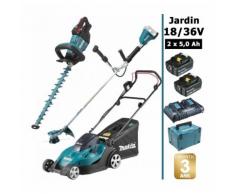 Pack 18/36V: tondeuse 36V 43cm + débroussailleuse 36V + taille-haie 18V 50cm + 2 batt 5Ah MAKITA