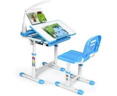 Goplus - Bureau Enfant avec Chaise Hauteurs Réglables, Angle de Bureau Réglable 0°-40°, Lampe de