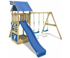 WICKEY Aire de jeux Portique bois Smart Shelter avec balançoire et toboggan bleu Maison enfant