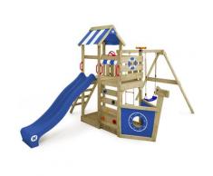 Aire de jeux Portique bois SeaFlyer avec balançoire et toboggan bleu Cabane enfant exterieur avec