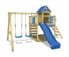 WICKEY Aire de jeux Portique bois Smart Cave avec balançoire et toboggan bleu Cabane enfant