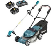 Pack Makita Jardin: tondeuse 36V 43cm DLM460 + débroussailleuse 18V DUR190LZX3 + 2 batt 5Ah