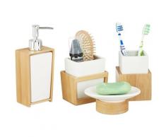 Accessoires salle de bain bambou céramique Set 4 pièces distributeur savon gobelet brosse à dent,