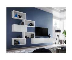 Ensemble meuble TV mural CUBE 8 design coloris blanc et blanc brillant. Meuble de salon suspendu
