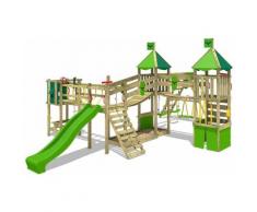 FATMOOSE Aire de jeux Portique bois FunnyFortress avec balançoire SurfSwing et toboggan vert pomme