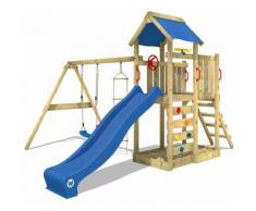 Aire de jeux WICKEY MultiFlyer Portique de jeux en bois Tour d'escalade avec balançoire - toboggan