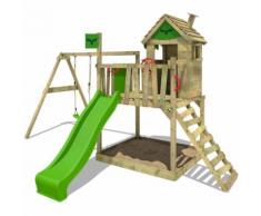 Aire de jeux bois FATMOOSE RockyRanch Roll XXL Portique de jeux on bois avec toboggan vert et