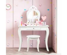 COSTWAY Coiffeuse pour Enfant avec Miroir, Inclus de Table de Maquillage et deTabouret, Dessus