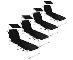 Transat Jardin de Bain Pliant Inclinable avec Pare Soleil en Aluminium 190 cm Noir x 4