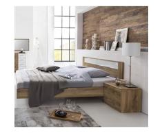 Lit adulte avec 2 chevets chêne poutre/blanc/chrome - Dim: 160 x 200 cm - PEGANE -