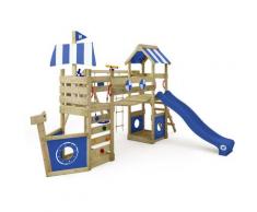 WICKEY Aire de jeux Portique bois StormFlyer avec balançoire et toboggan bleu Cabane enfant