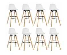 Lot de 8 tabourets de bar - Simili blanc - Pieds en bois hêtre massif - Style scandinave