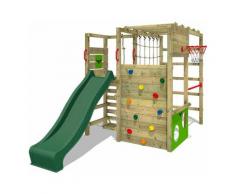 FATMOOSE Aire de jeux Portique bois ActionArena avec toboggan vert Échafaudage grimpant avec mur