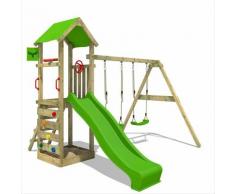 Aire de jeux Portique bois KiwiKey avec balançoire et toboggan vert pomme Maison enfant exterieur