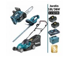 Pack 18/36V: tondeuse 36V 43cm + Taille-haie 18V 52 cm + tronçonneuse 36V 30cm + 2 batt 5Ah MAKITA