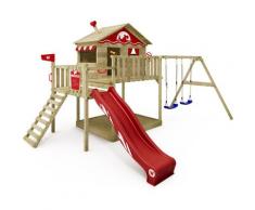 WICKEY Aire de jeux Portique bois Smart Coast avec balançoire et toboggan rouge Maison enfant sur