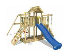 Aire de jeux Portique bois Smart Twister avec balançoire et toboggan bleu Maison enfant exterieur