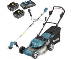 Pack Makita Jardin: tondeuse 36V 43cm DLM460 + débroussailleuse 18V DUR191UZX3 + 2 batt 5Ah