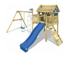 WICKEY Aire de jeux Portique bois Smart Travel avec balançoire et toboggan bleu Maison enfant sur