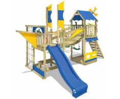 WICKEY Aire de jeux Portique bois Smart Cruiser avec balançoire et toboggan bleu Cabane enfant