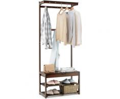 Portemanteau Meuble d’entrée/Vestiaire avec 10 Crochets Amovible, Banc et Étagère à Chaussures,