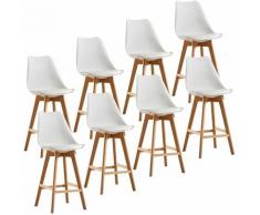 Lot de 8 tabourets de bar pieds en bois hêtre massif - Revêtement simili PU blanc - Scandinave