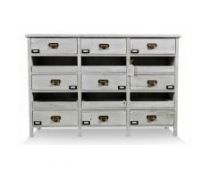 Meuble Semainier Chiffonnier Grainetier Bois Cerusé Blanc 15 Tiroirs 124x32.5x82cm - Décorations