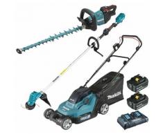 Pack Makita Jardin: tondeuse 36V DLM432 + débroussailleuse 18V DUR190LZX3 + taille-haies DUH602 + 2