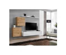 Ensemble meuble salon SWITCH V design, coloris blanc brillant et chêne Wotan. - Blanc