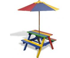 Table et bancs en bois avec parasol pour enfant