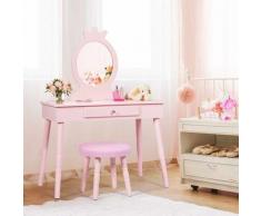 COSTWAY Coiffeuse Enfant avec Tiroir et tabouret, Table de Maquillage de Filles Style Princesse