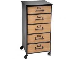 Chiffonnier en bois et fer de 5 tiroirs, noir/naturel - L.42 x l.42,8 x H.87 cm -PEGANE-