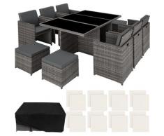 Salon de jardin NEW YORK Résine Tressée Structure Aluminium 6 Chaises 4 Tabourets 1 Table Gris